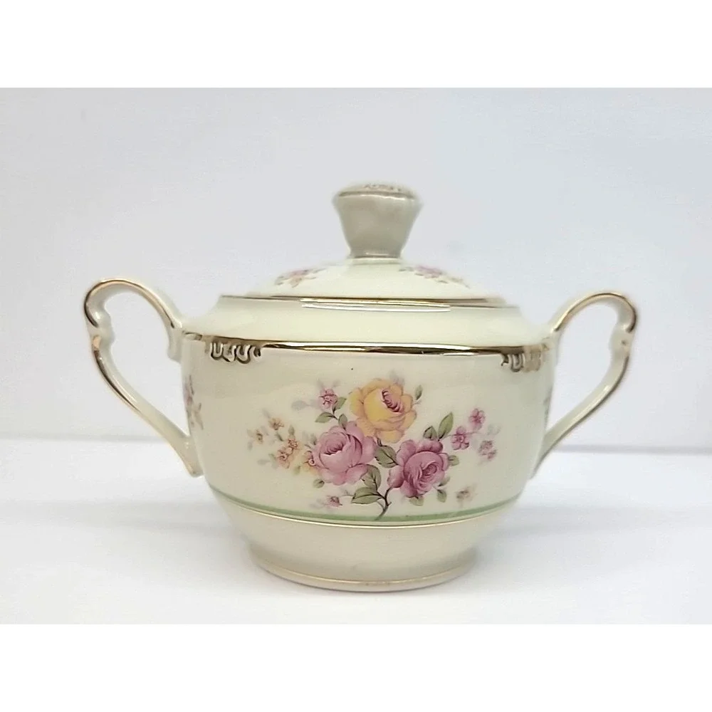 Bavaria Germany US Zone Sugar & Creamer-Ivory w/Pink/Yellow Flowers-Gold Trim
